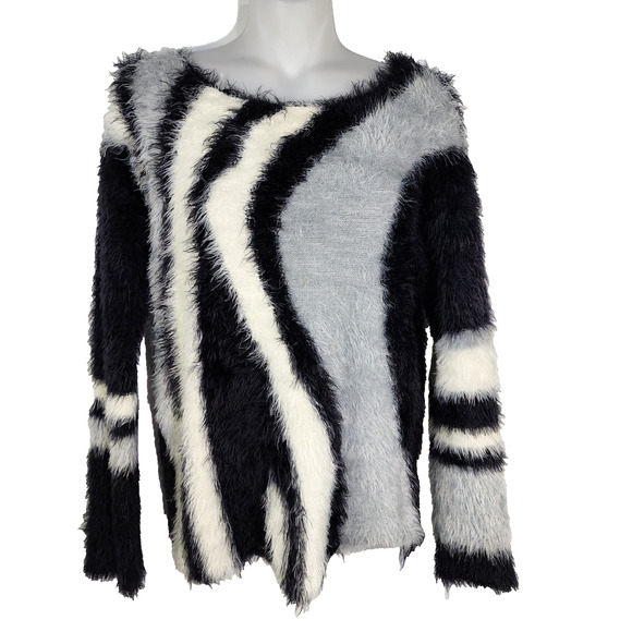 Vince Camuto Sweater XS Abstract Stripe Eyelash Ballet Neck Rich Black Pullover - Picture 1 of 10